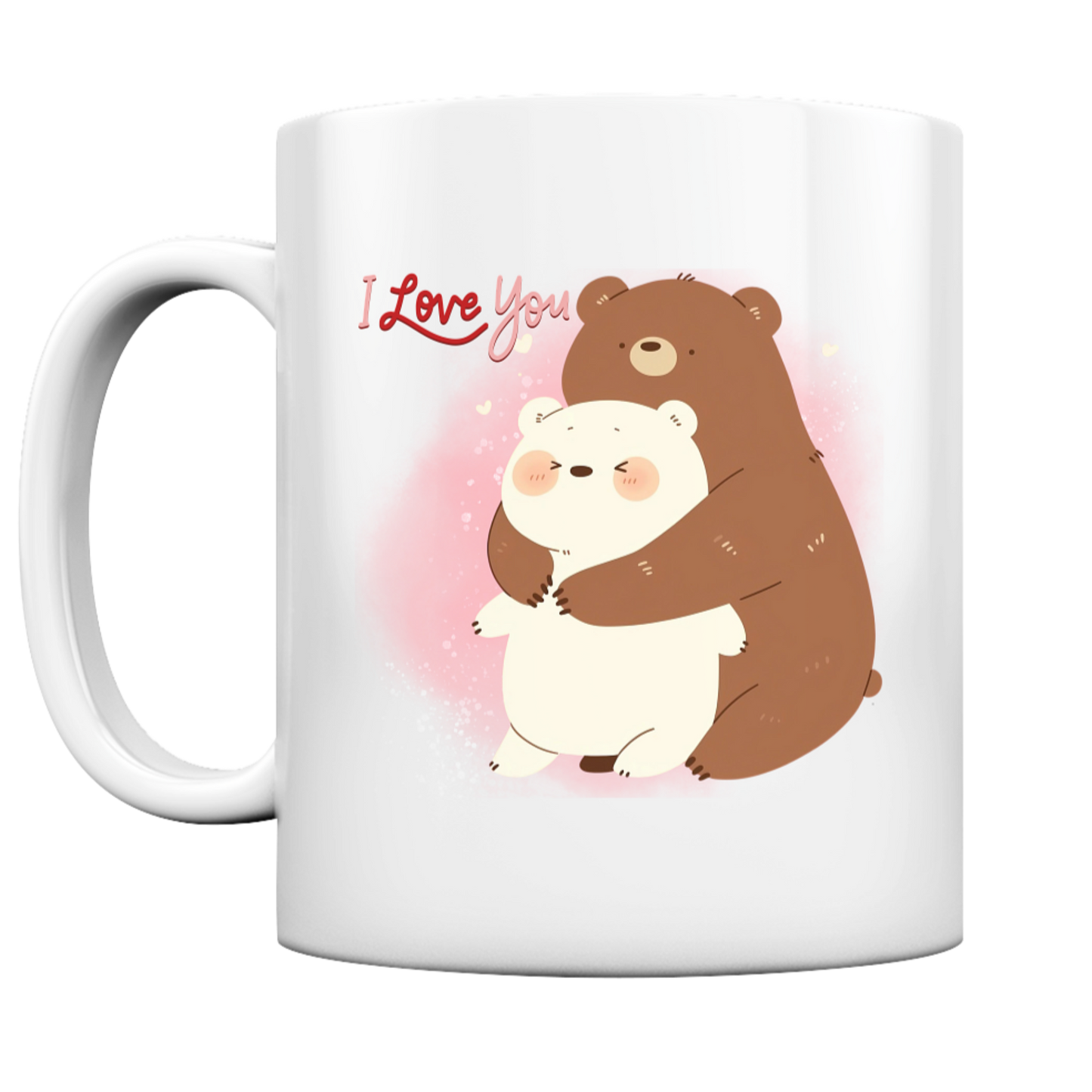 Niedliche Tasse mit "I Love You" Schriftzug - dazu zwei Kawaii Bären, die sich umarmen.
