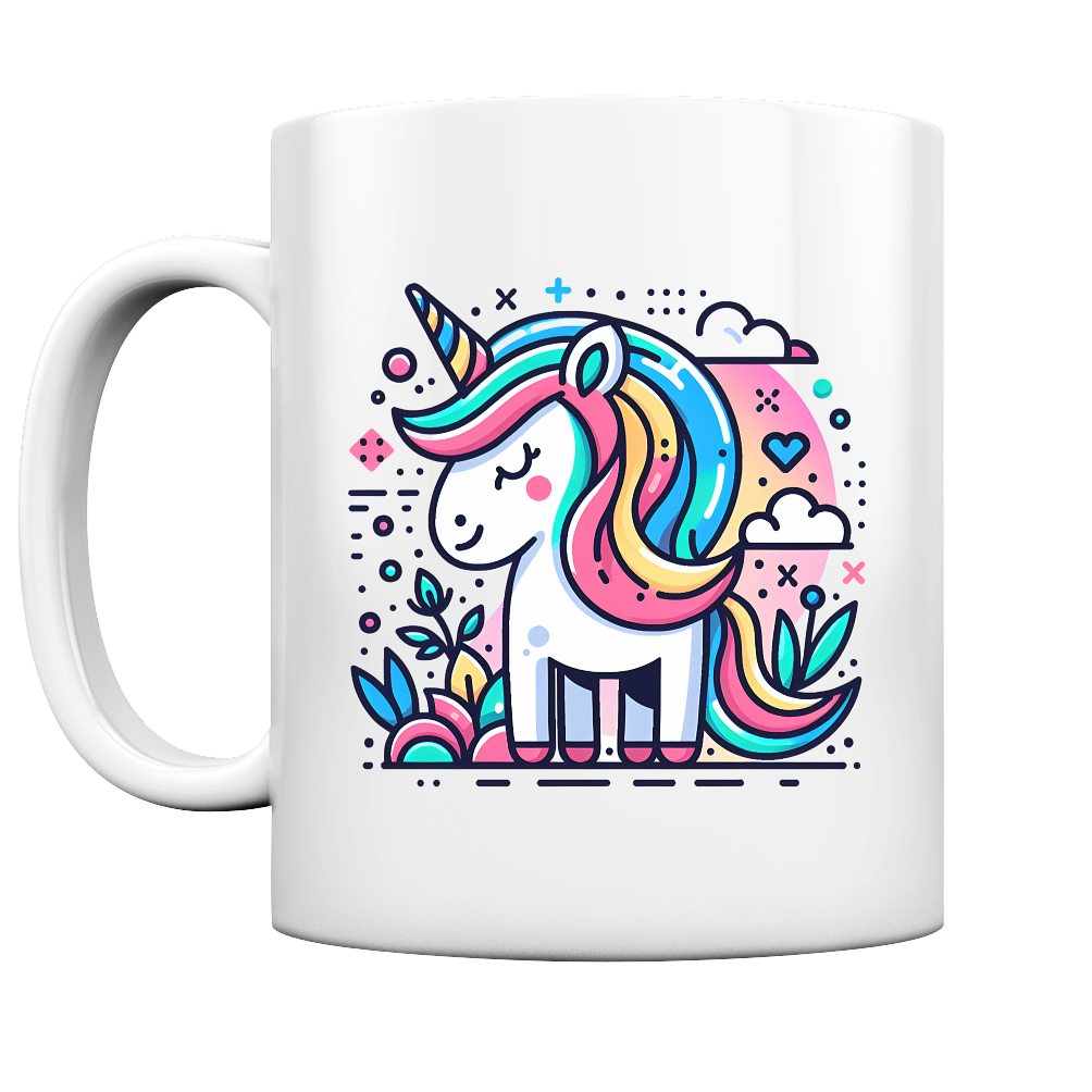 Buntes Comic Einhorn auf weißer Keramik Tasse