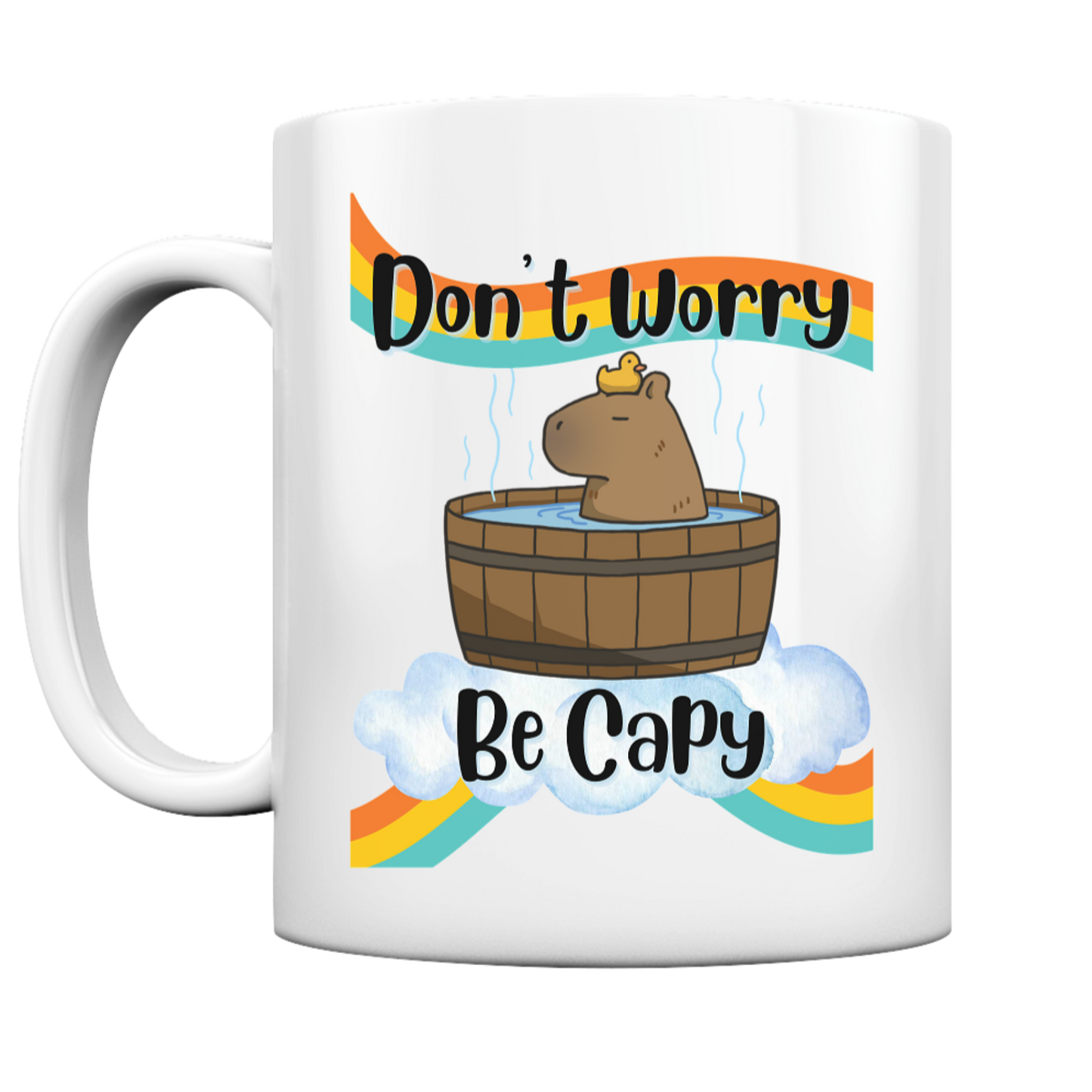 Weiße glänzende Tasse, Motiv: Entspanntes Capybara in der Badewanne. Schriftzug:Don't Worry, Be Capy