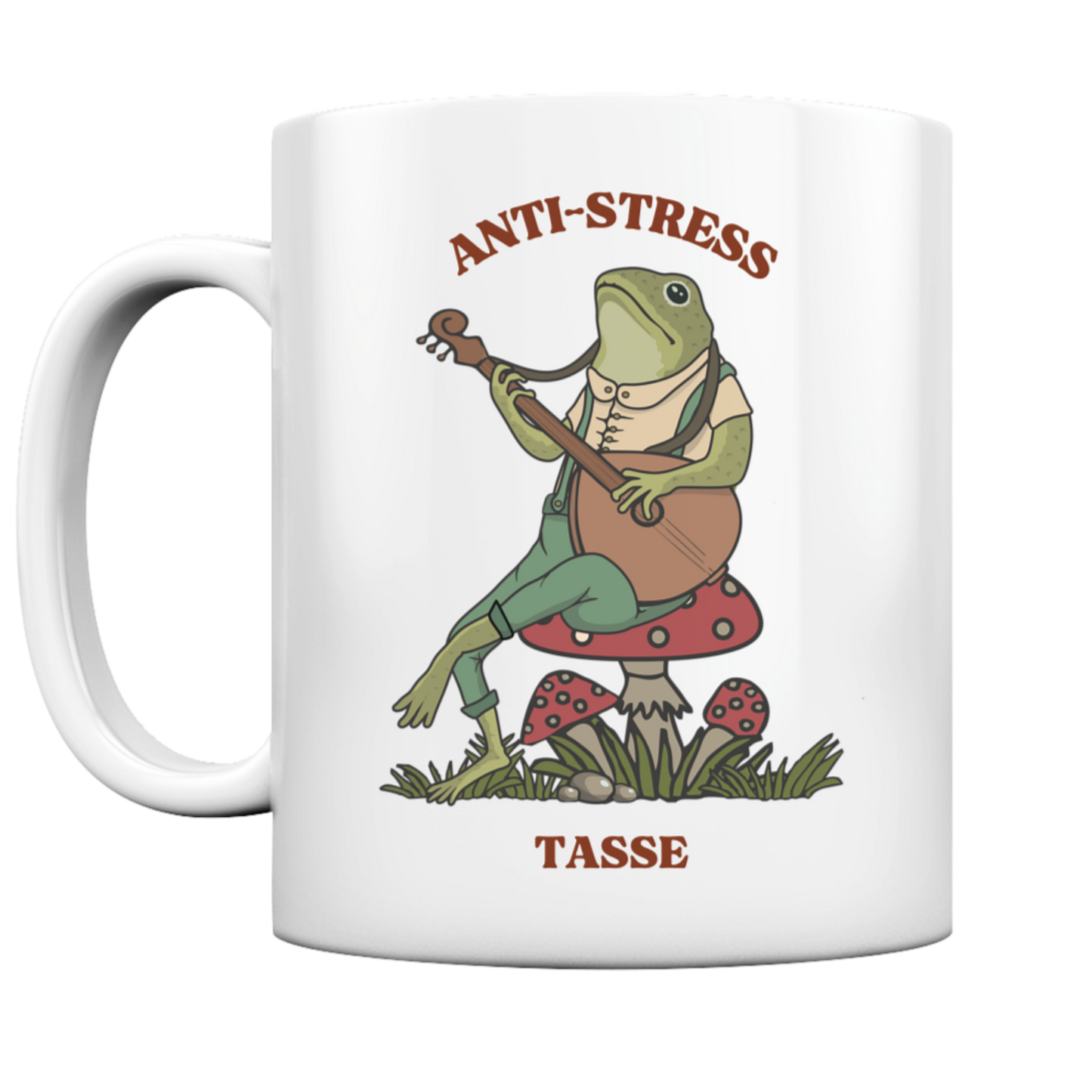Weiße Tasse. Motiv: Ein entspannter Frosch, der Laute spielt. Dazu der Schriftzug: Anti-Stress Tasse