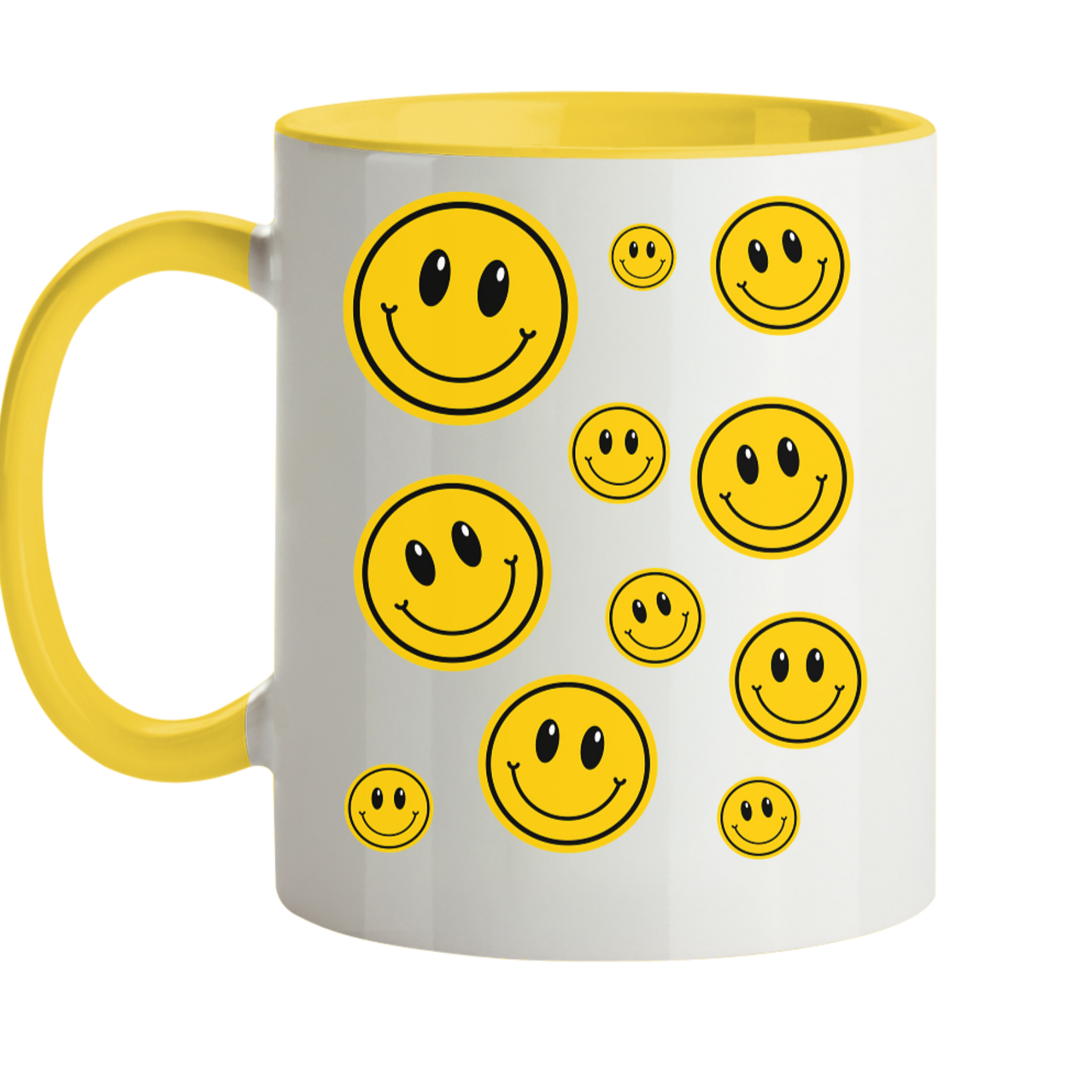 Weiße Tasse, Innenseite sowie Henkel Gelb. Motiv: viele lachende gelbe Smileys