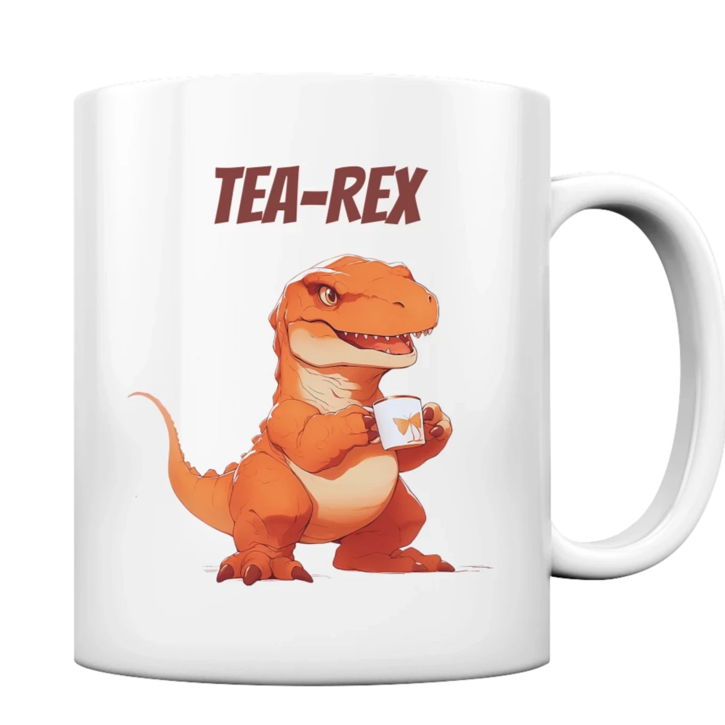 Orangefarbener, lächelnder Dinosaurier, der eine Tee Tasse hält. Darüber der Schriftzug "Tea-Rex"