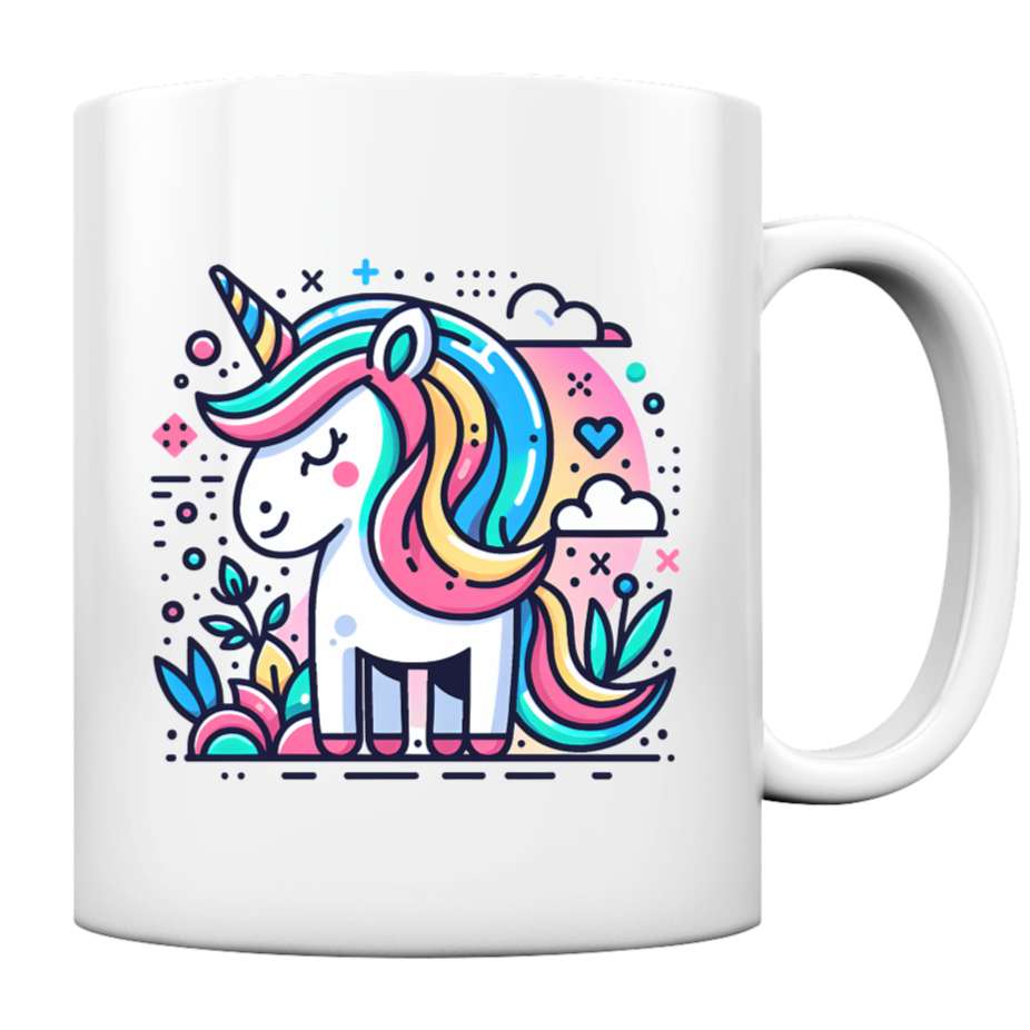 Buntes Comic Einhorn auf weißer Keramik Tasse