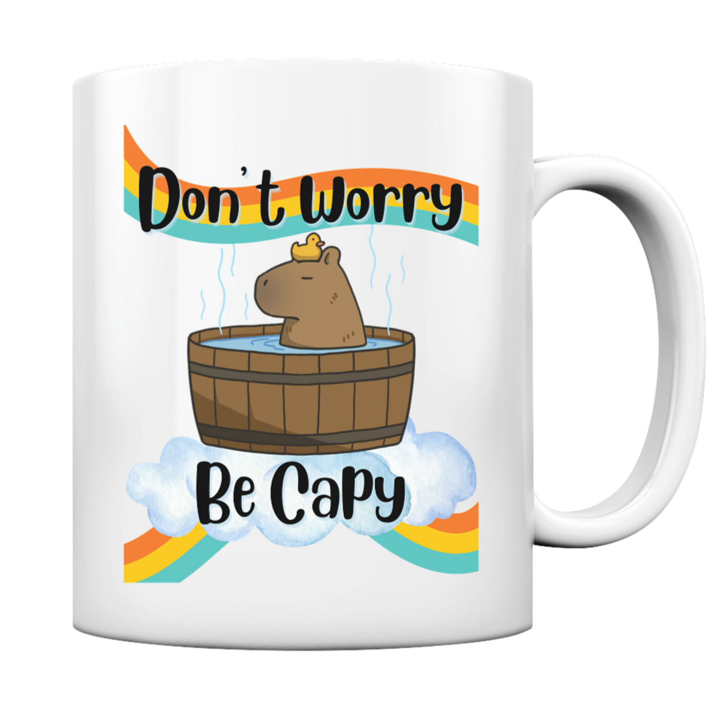 Weiße glänzende Tasse, Motiv: Entspanntes Capybara in der Badewanne. Schriftzug:Don't Worry, Be Capy