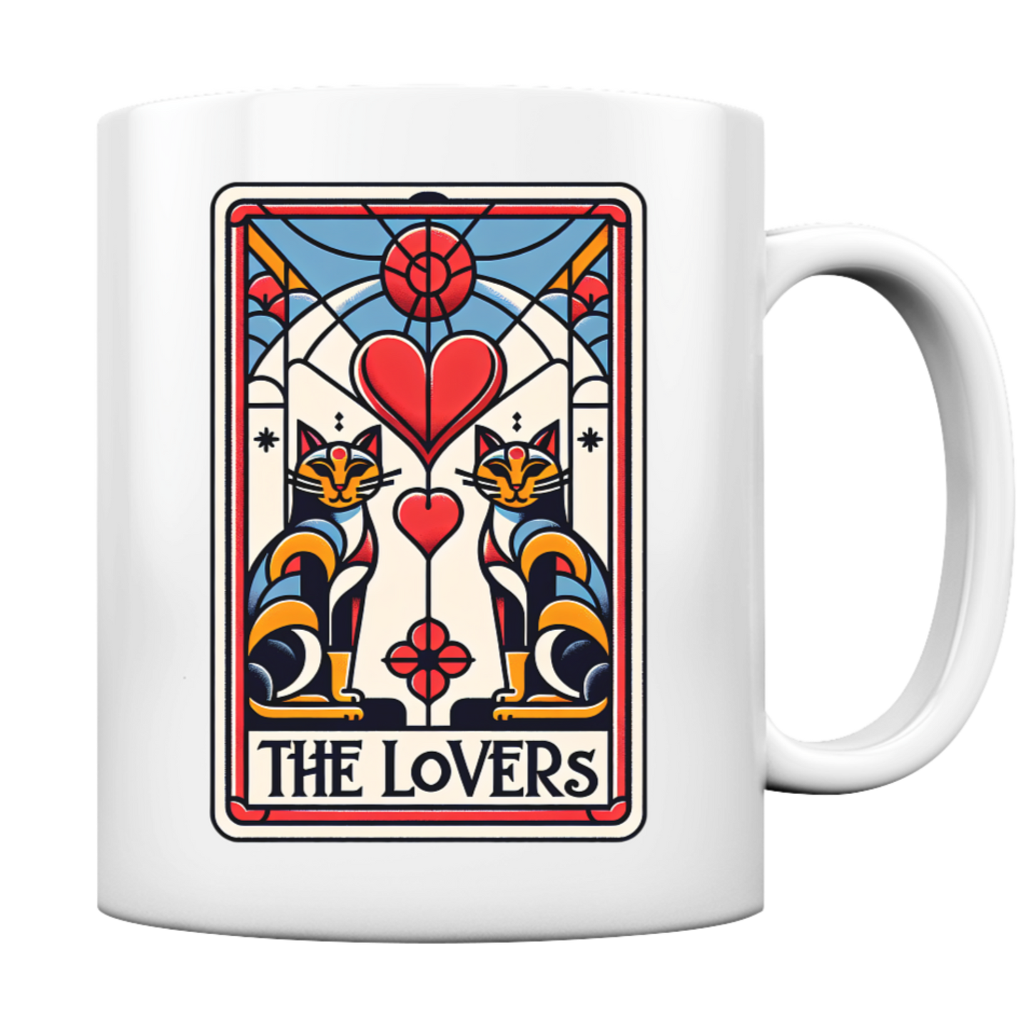 Weiße Tasse mit Tarot Design, 2 Katzen und die Worte "THE LOVERS"