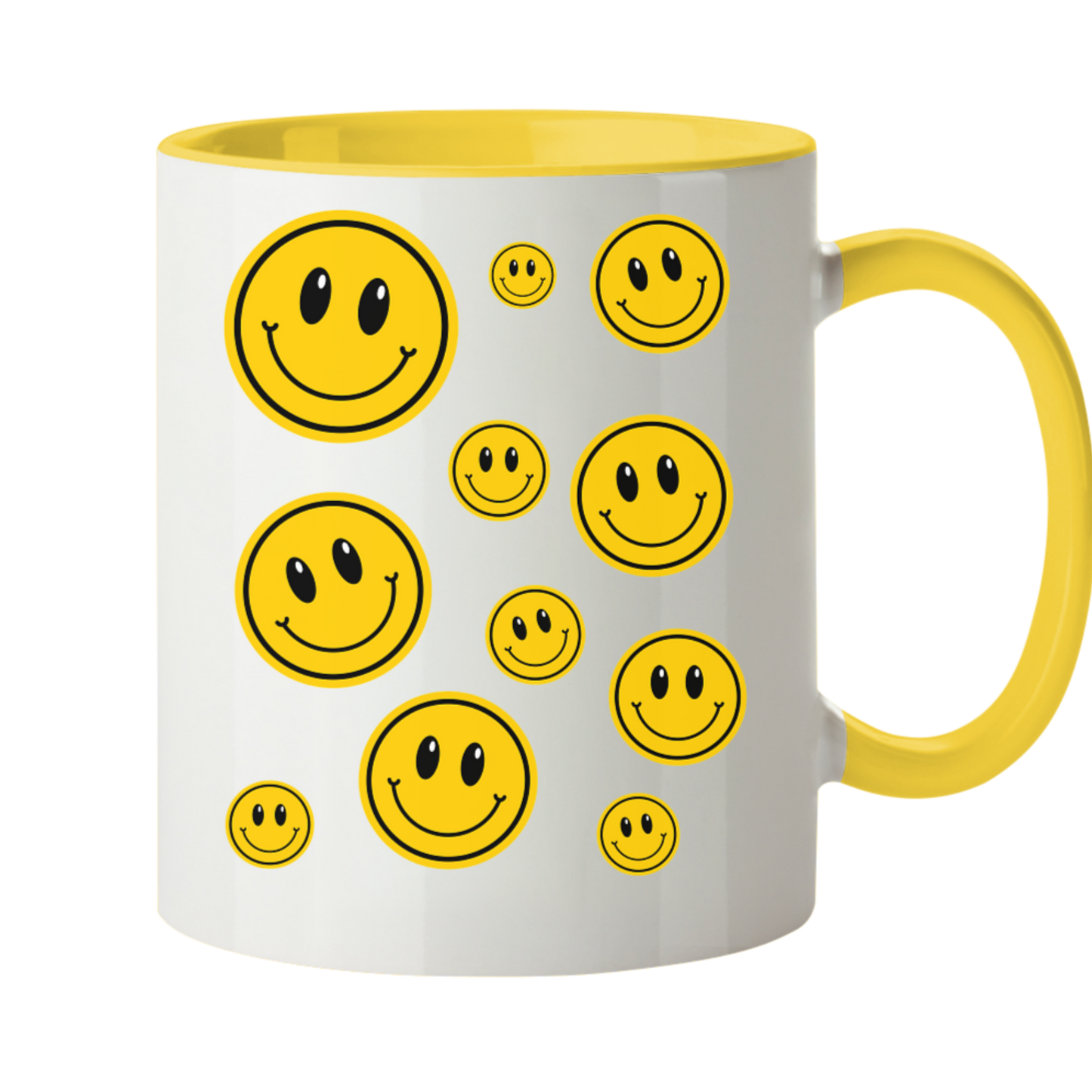 Weiße Tasse, Innenseite sowie Henkel Gelb. Motiv: viele lachende gelbe Smileys
