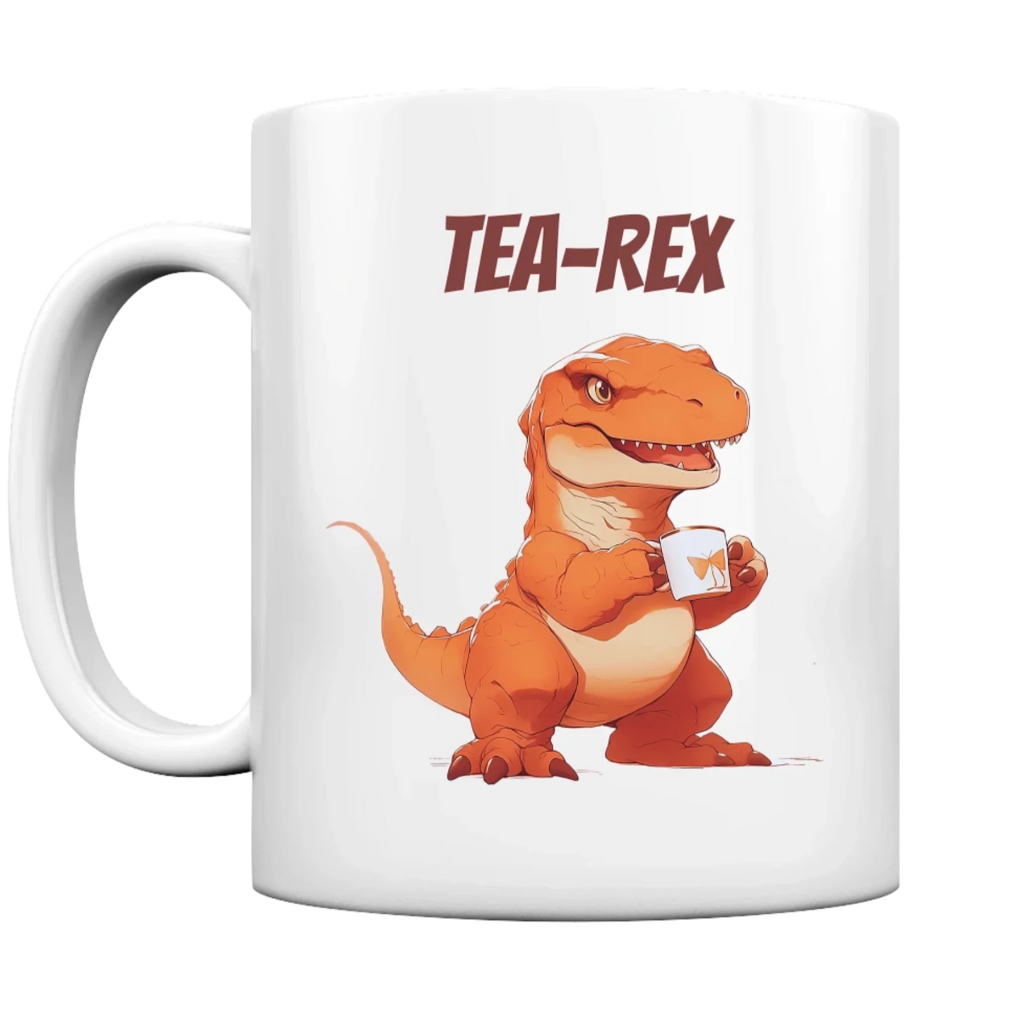 Orangefarbener, lächelnder Dinosaurier, der eine Tee Tasse hält. Darüber der Schriftzug "Tea-Rex"