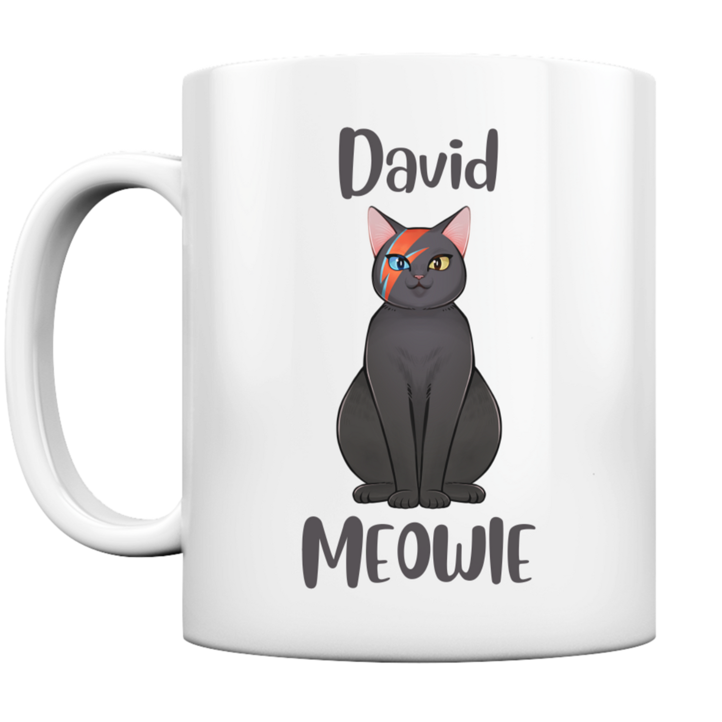 Weiße Tasse. Motiv: Eine graue Katze, die einen blau-roten Blitz im Gesicht hat. Dazu der Schriftzug "David Meowie"