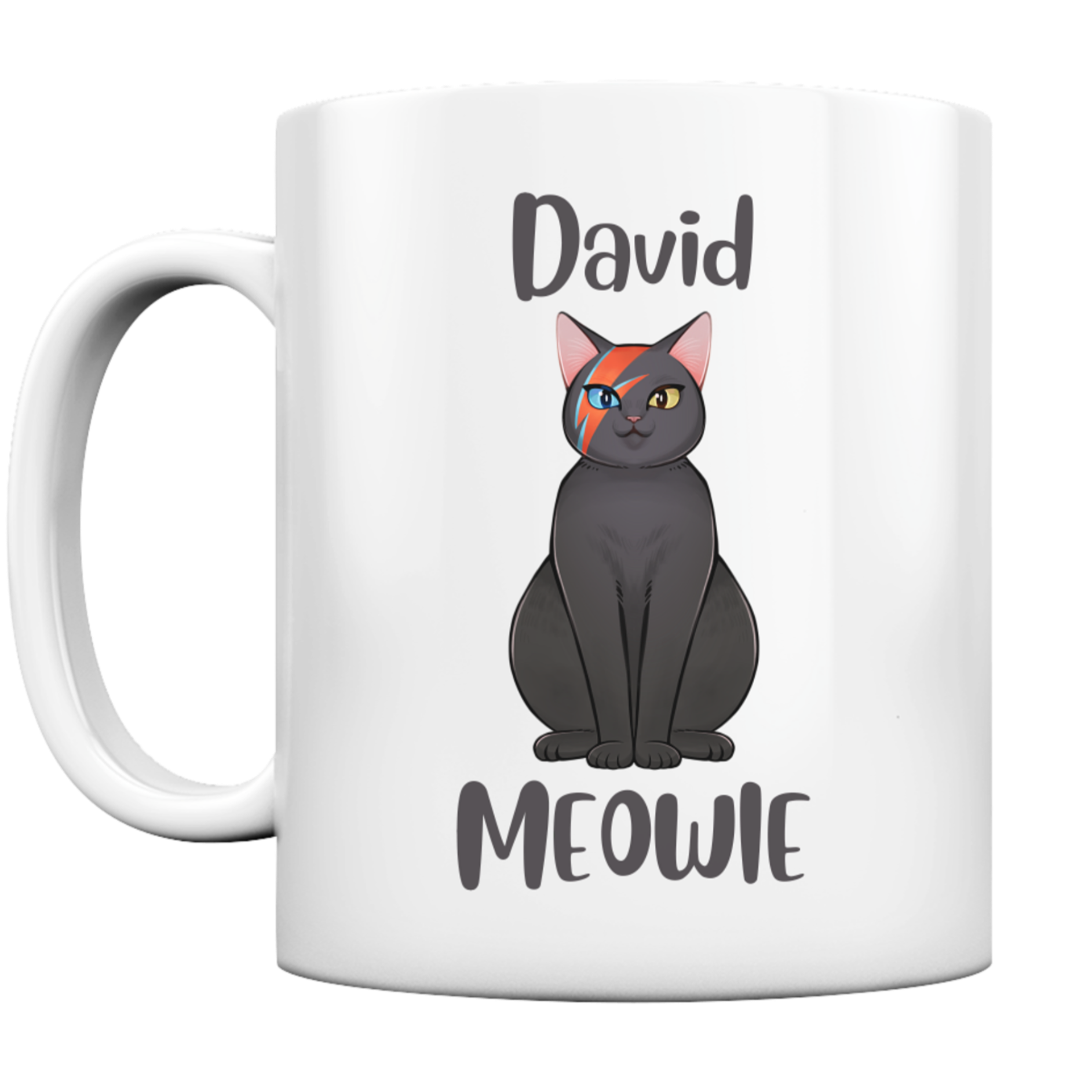Weiße Tasse. Motiv: Eine graue Katze, die einen blau-roten Blitz im Gesicht hat. Dazu der Schriftzug "David Meowie"