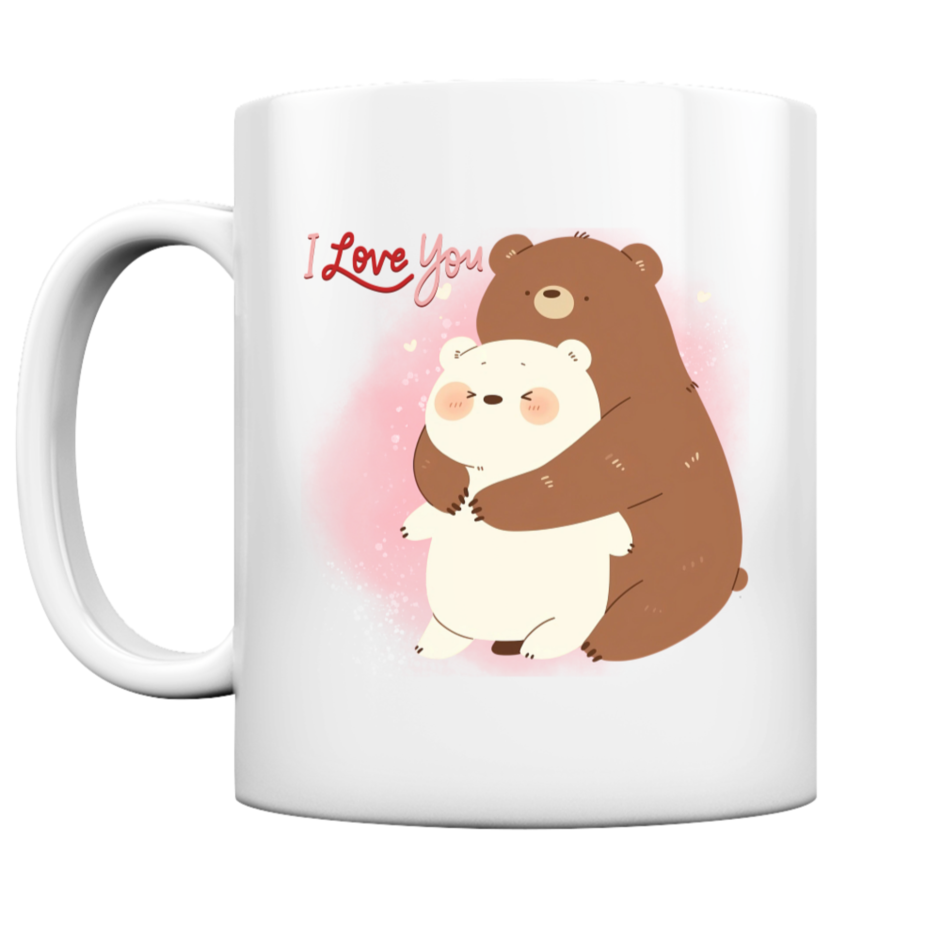 Niedliche Tasse mit "I Love You" Schriftzug - dazu zwei Kawaii Bären, die sich umarmen.