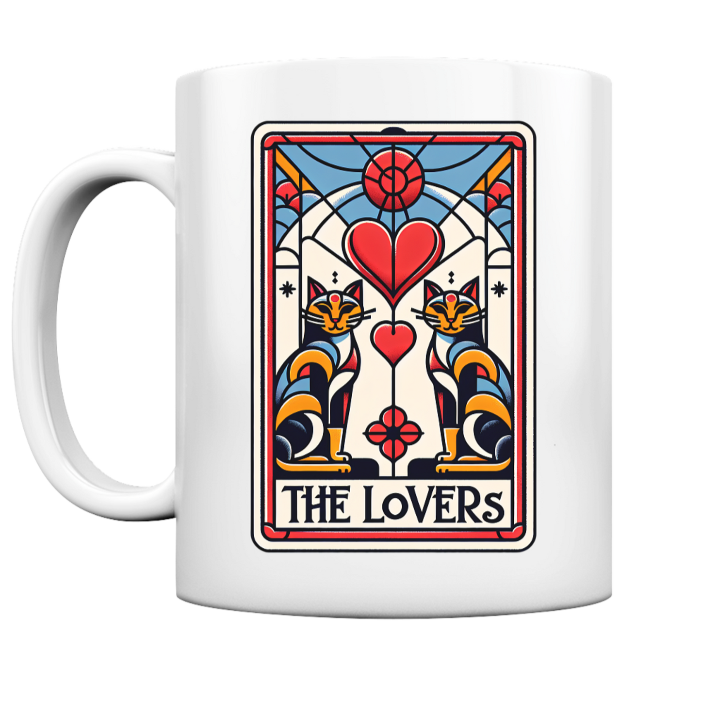 Weiße Tasse mit Tarot Design, 2 Katzen und die Worte "THE LOVERS"