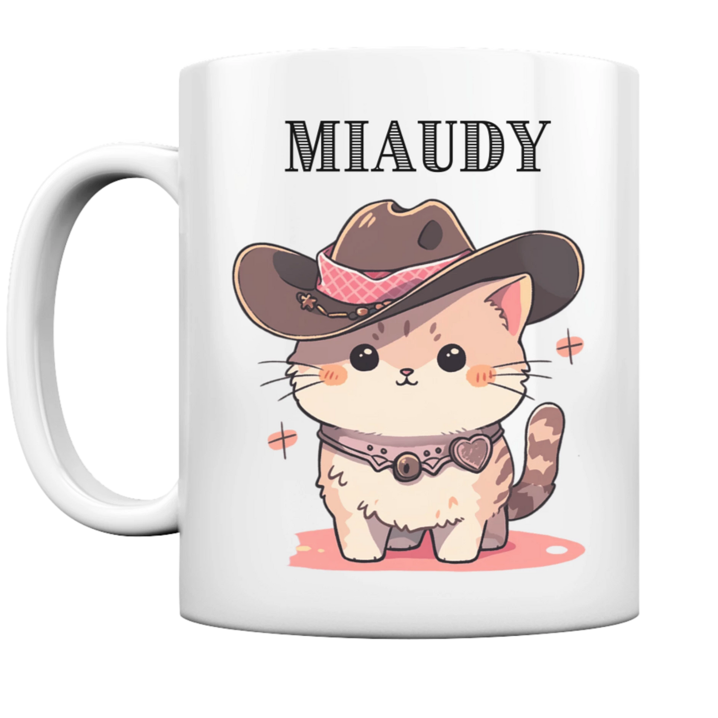 Niedliche Katze, die einen Cowboy Hut trägt. Darüber steht "Miaudy" geschrieben.
