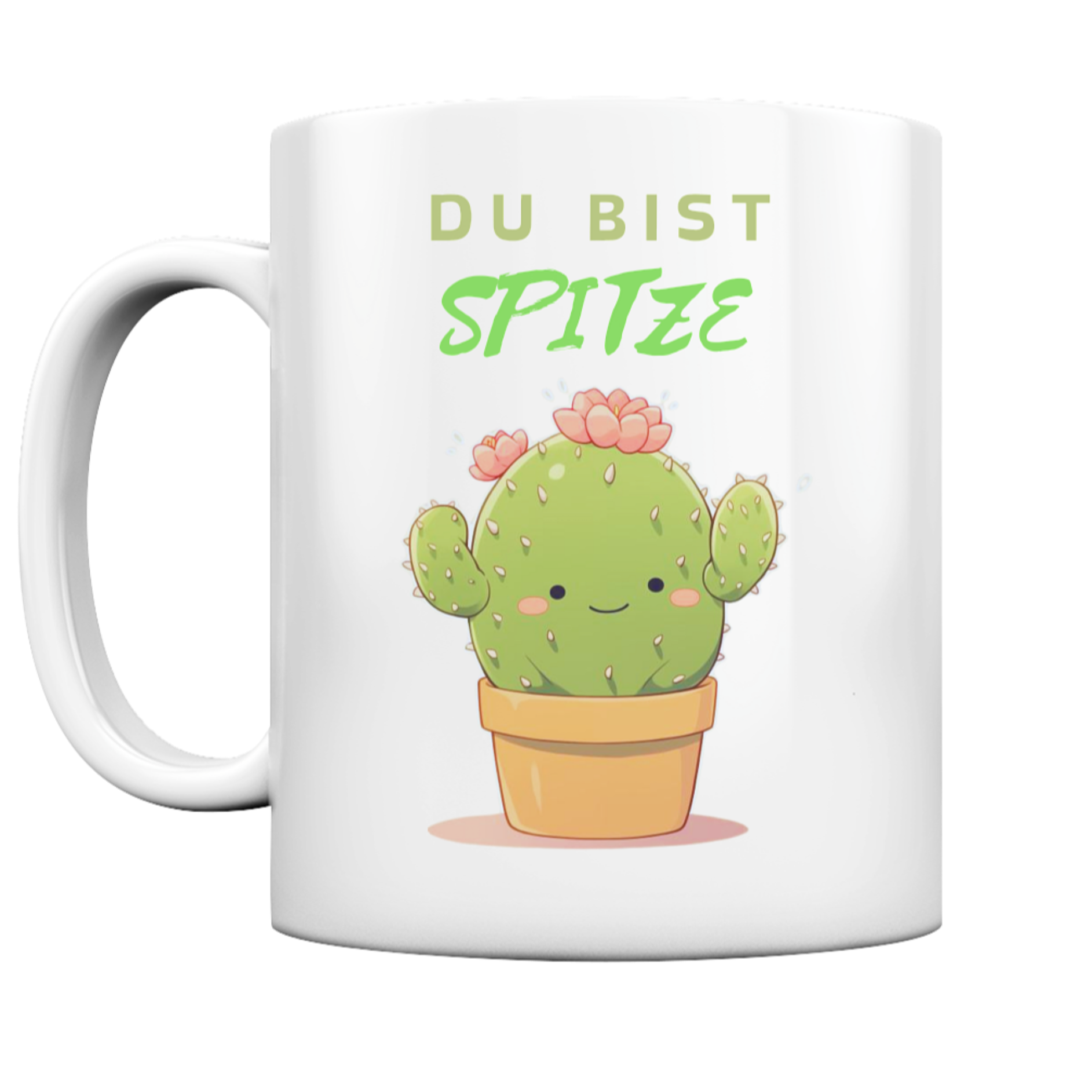 Tasse mit niedlichem Kaktus. Schriftzug: "Du bist spitze"