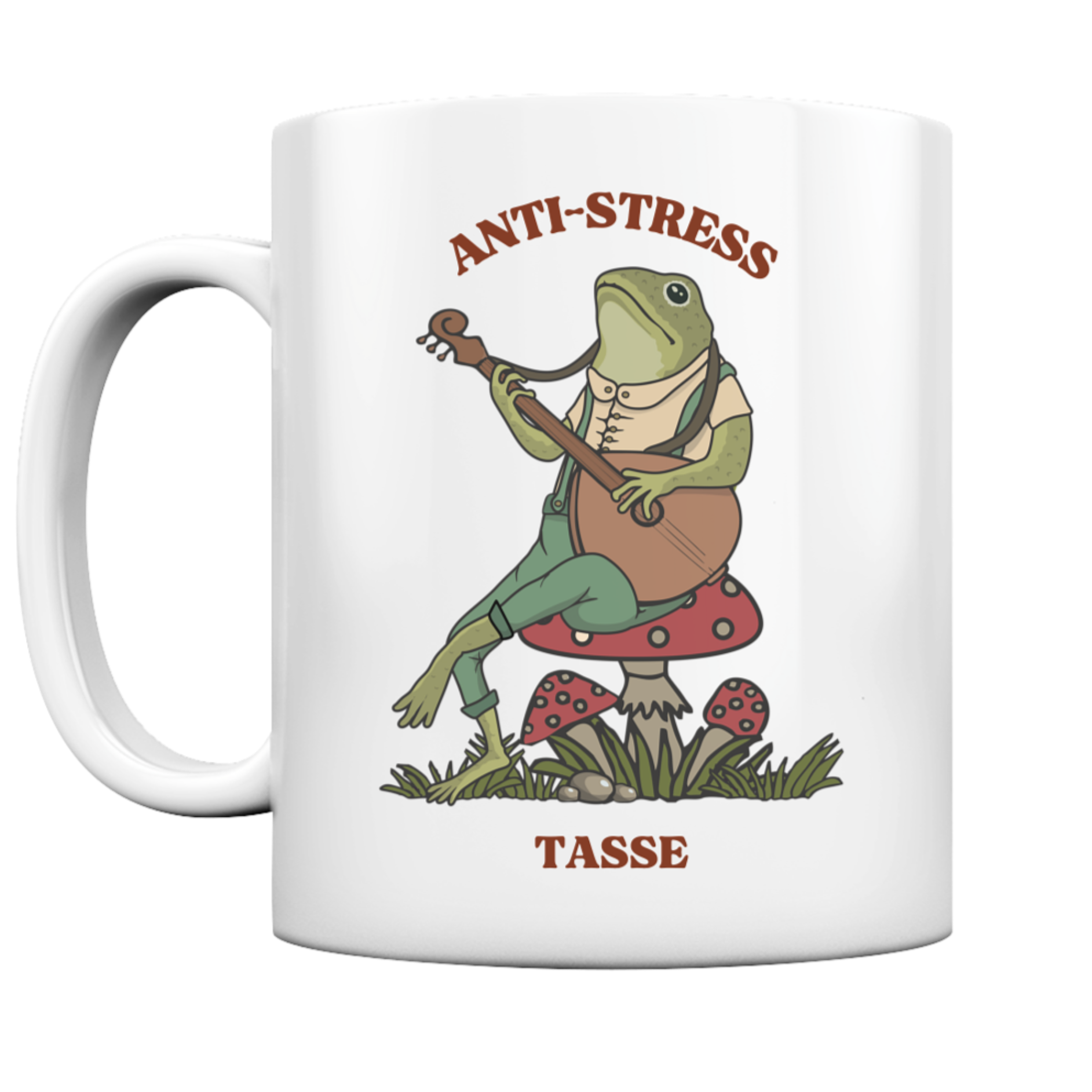 Weiße Tasse. Motiv: Ein entspannter Frosch, der Laute spielt. Dazu der Schriftzug: Anti-Stress Tasse