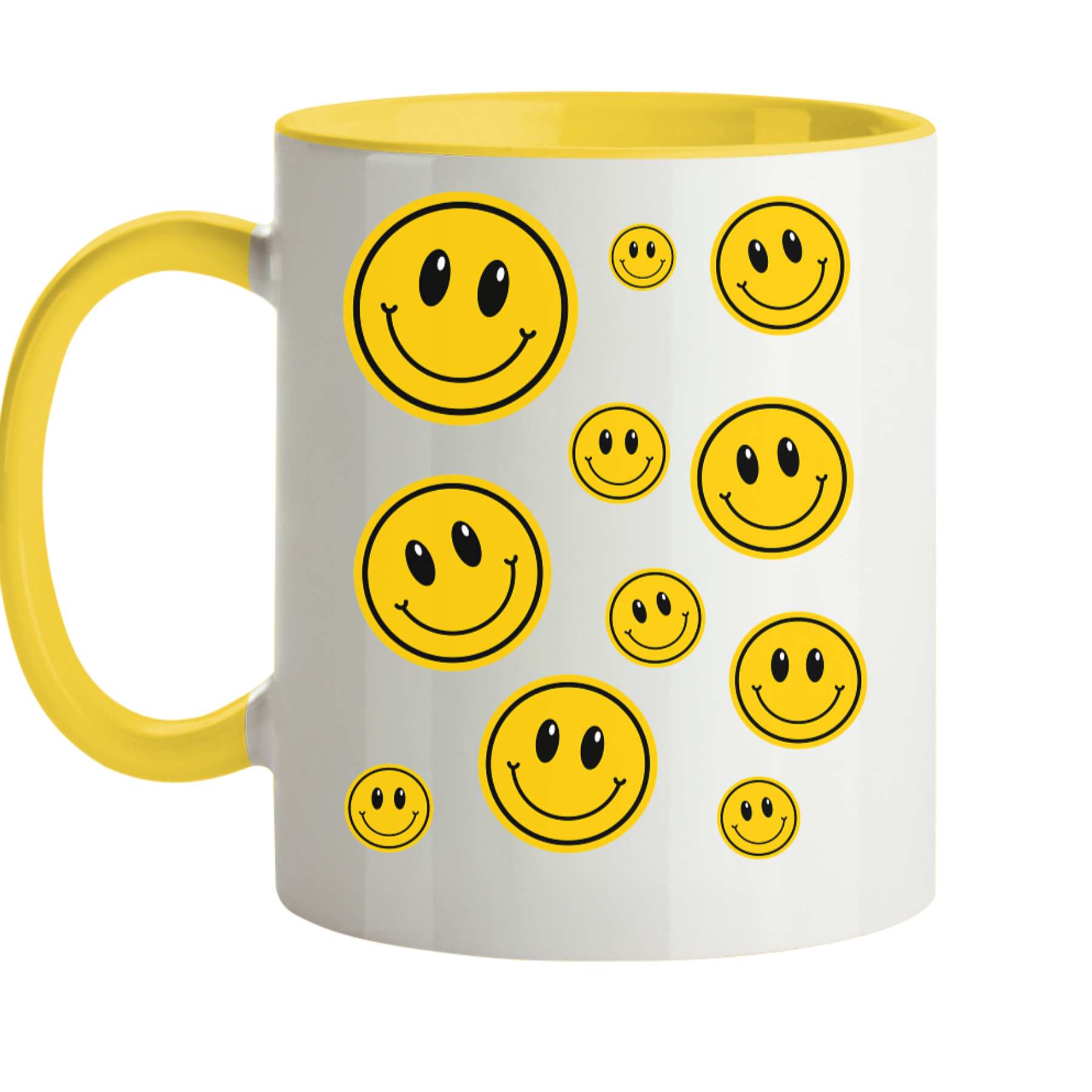 Weiße Tasse, Innenseite sowie Henkel Gelb. Motiv: viele lachende gelbe Smileys