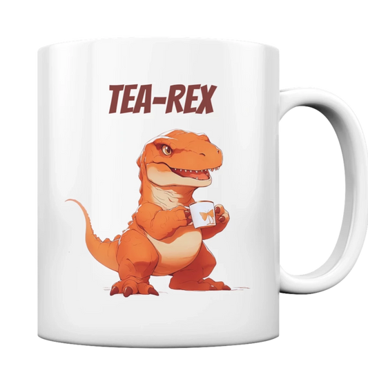 Orangefarbener, lächelnder Dinosaurier, der eine Tee Tasse hält. Darüber der Schriftzug "Tea-Rex"