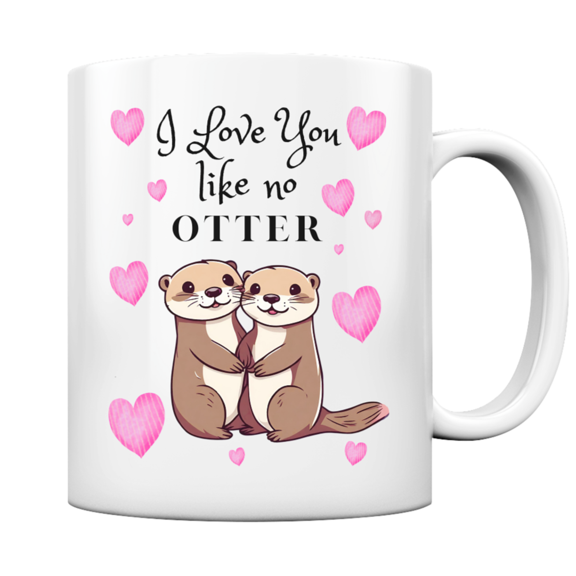 Zwei verliebte Otter mit vielen rosa Herzen. Dazu der Schriftzug: I love you like no Otter