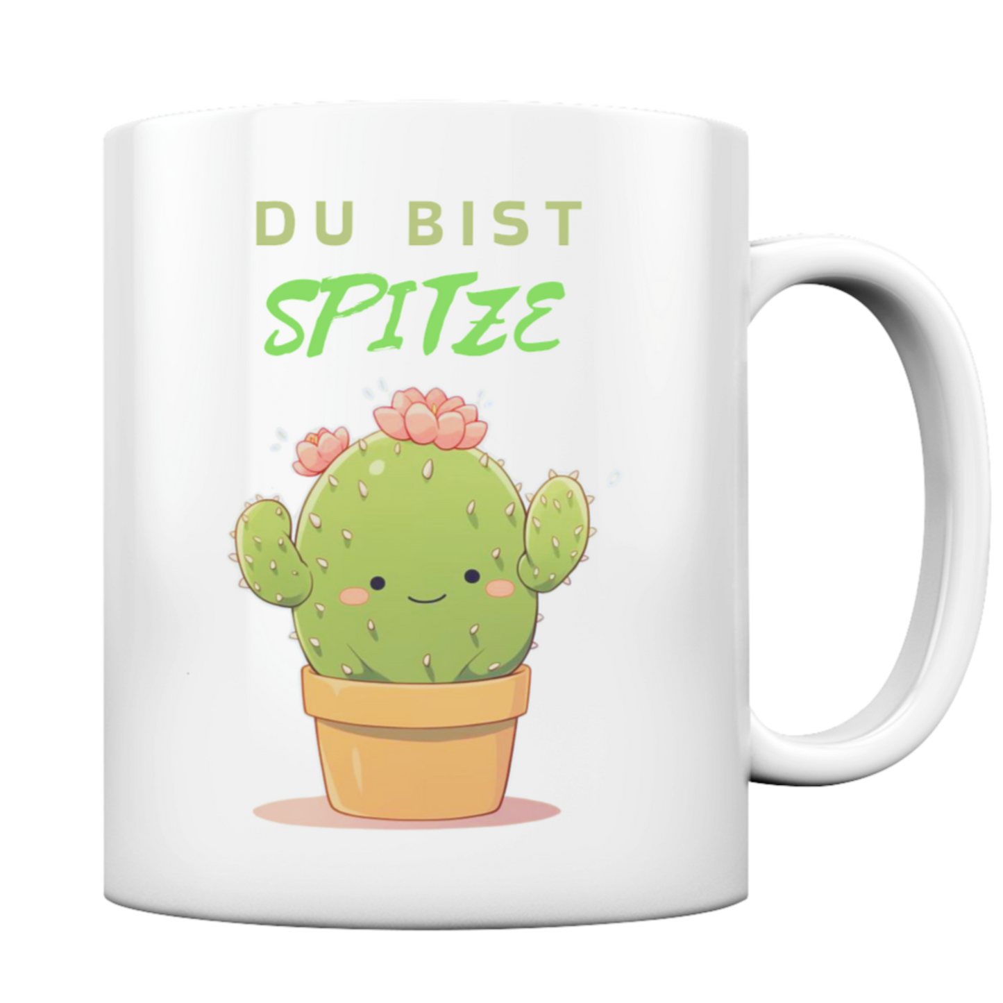 Tasse mit niedlichem Kaktus. Schriftzug: "Du bist spitze"
