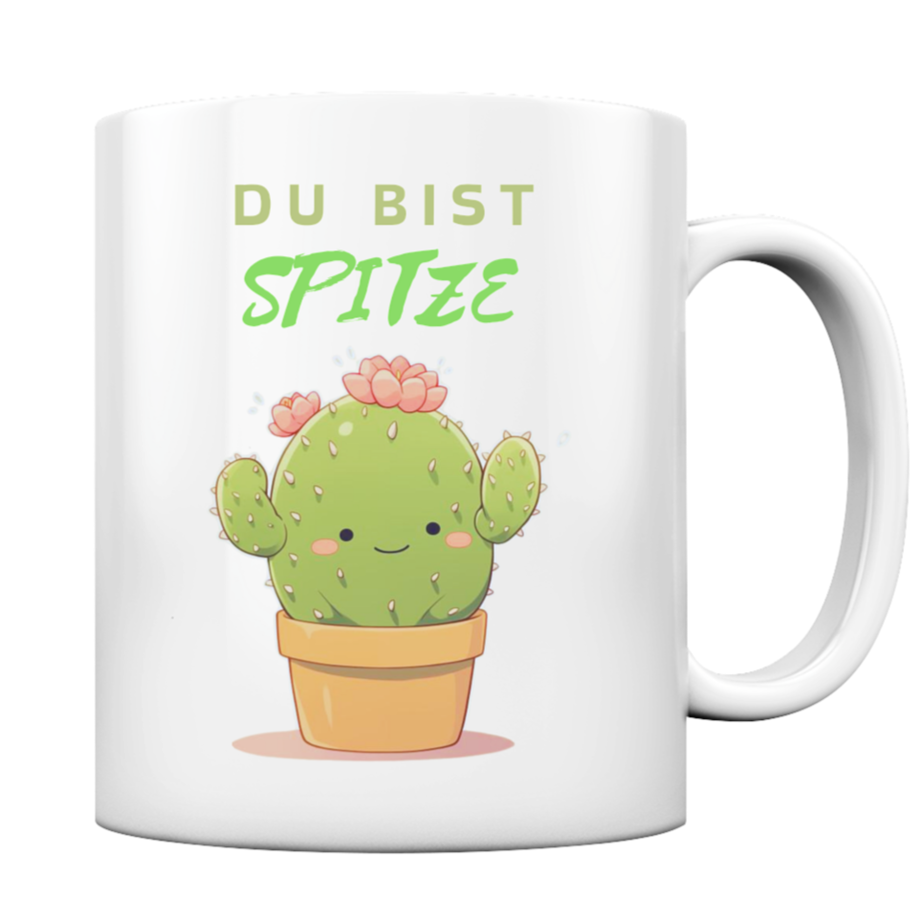 Tasse mit niedlichem Kaktus. Schriftzug: "Du bist spitze"