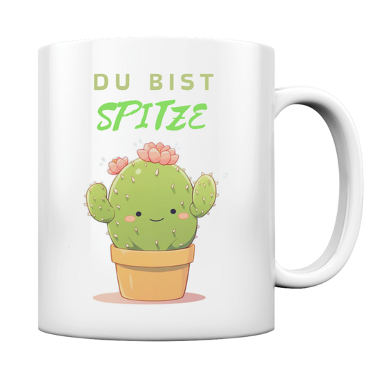 Tasse mit niedlichem Kaktus. Schriftzug: "Du bist spitze"