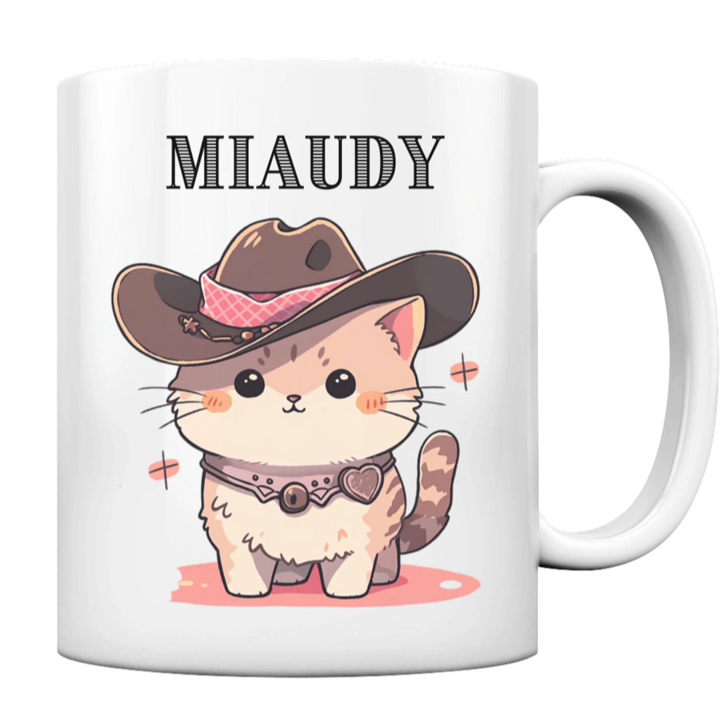 Niedliche Katze, die einen Cowboy Hut trägt. Darüber steht "Miaudy" geschrieben.