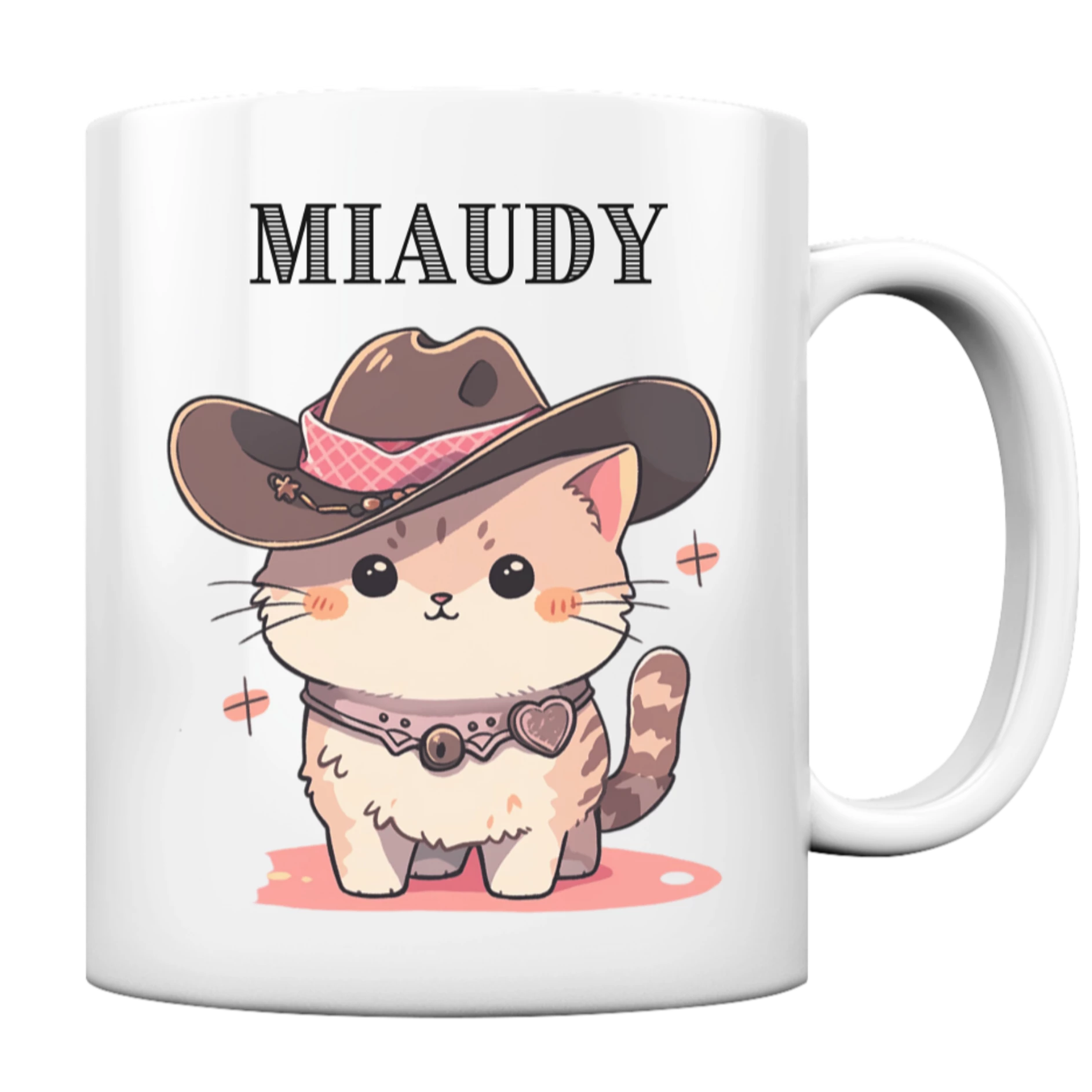 Niedliche Katze, die einen Cowboy Hut trägt. Darüber steht "Miaudy" geschrieben.