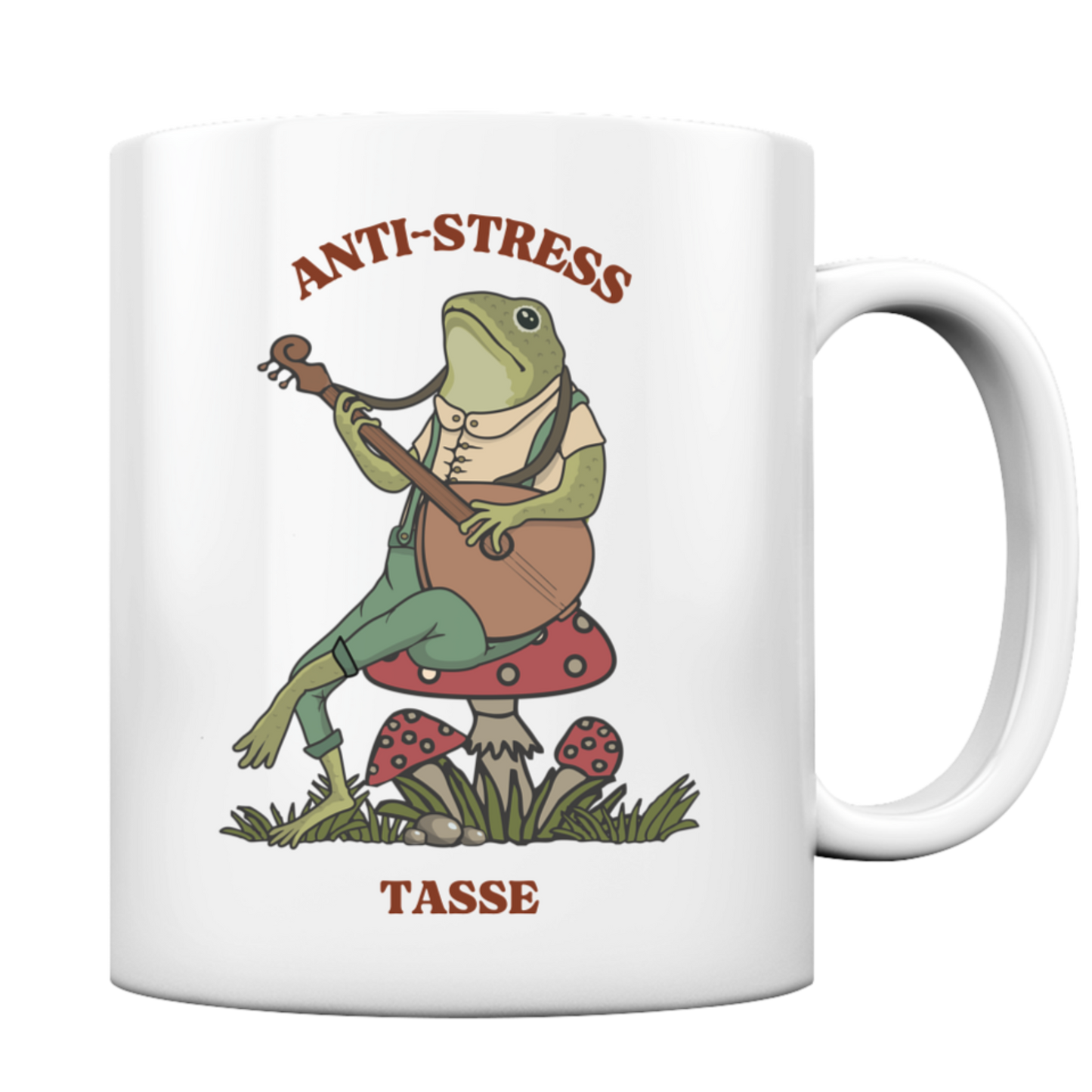 Weiße Tasse. Motiv: Ein entspannter Frosch, der Laute spielt. Dazu der Schriftzug: Anti-Stress Tasse
