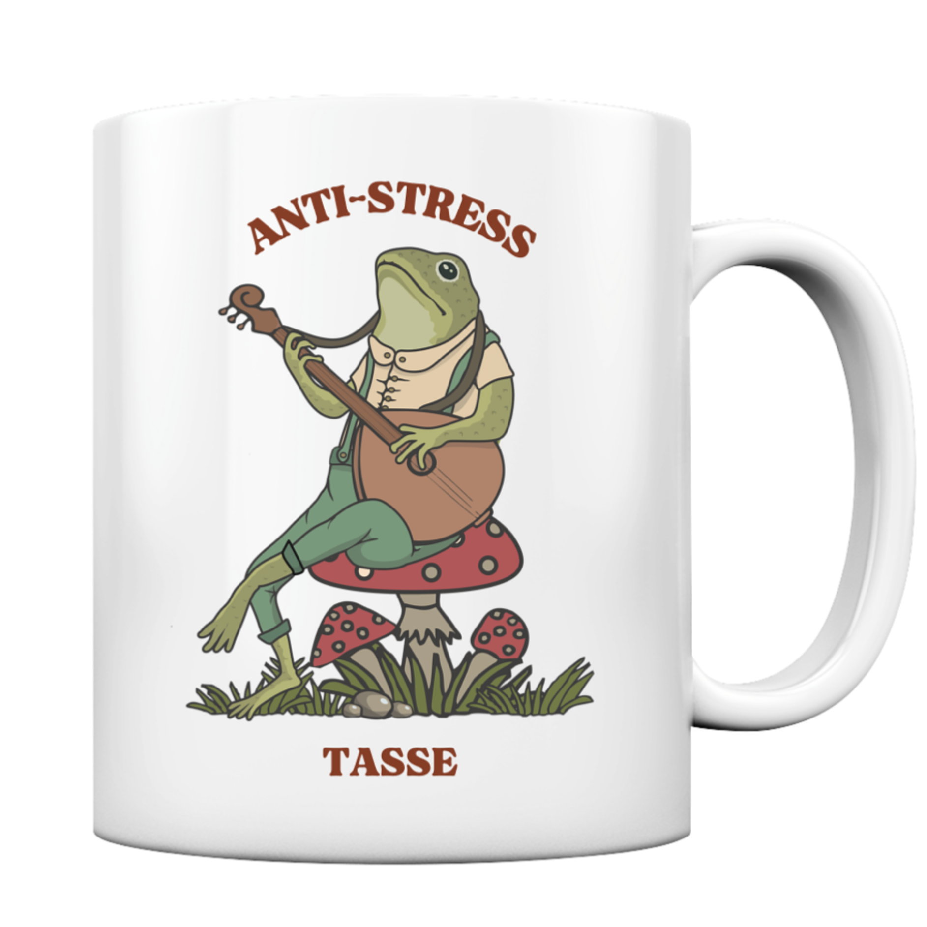 Weiße Tasse. Motiv: Ein entspannter Frosch, der Laute spielt. Dazu der Schriftzug: Anti-Stress Tasse