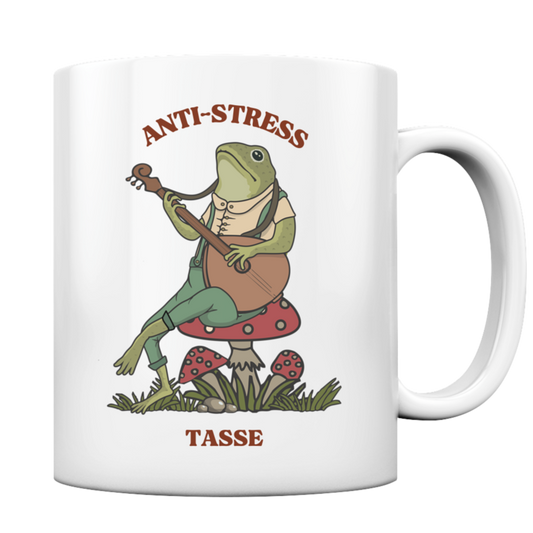 Weiße Tasse. Motiv: Ein entspannter Frosch, der Laute spielt. Dazu der Schriftzug: Anti-Stress Tasse