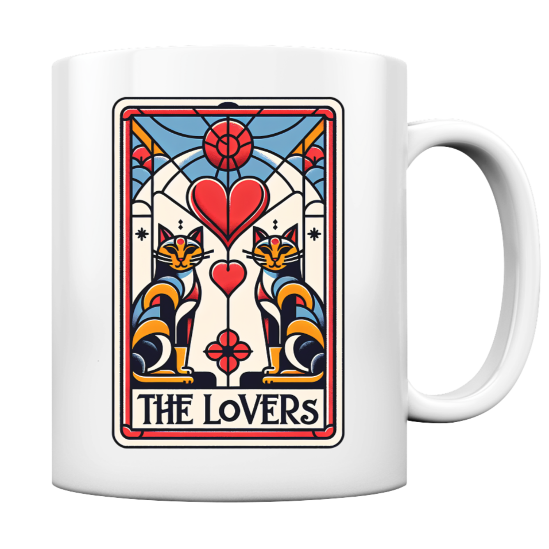 Weiße Tasse mit Tarot Design, 2 Katzen und die Worte "THE LOVERS"