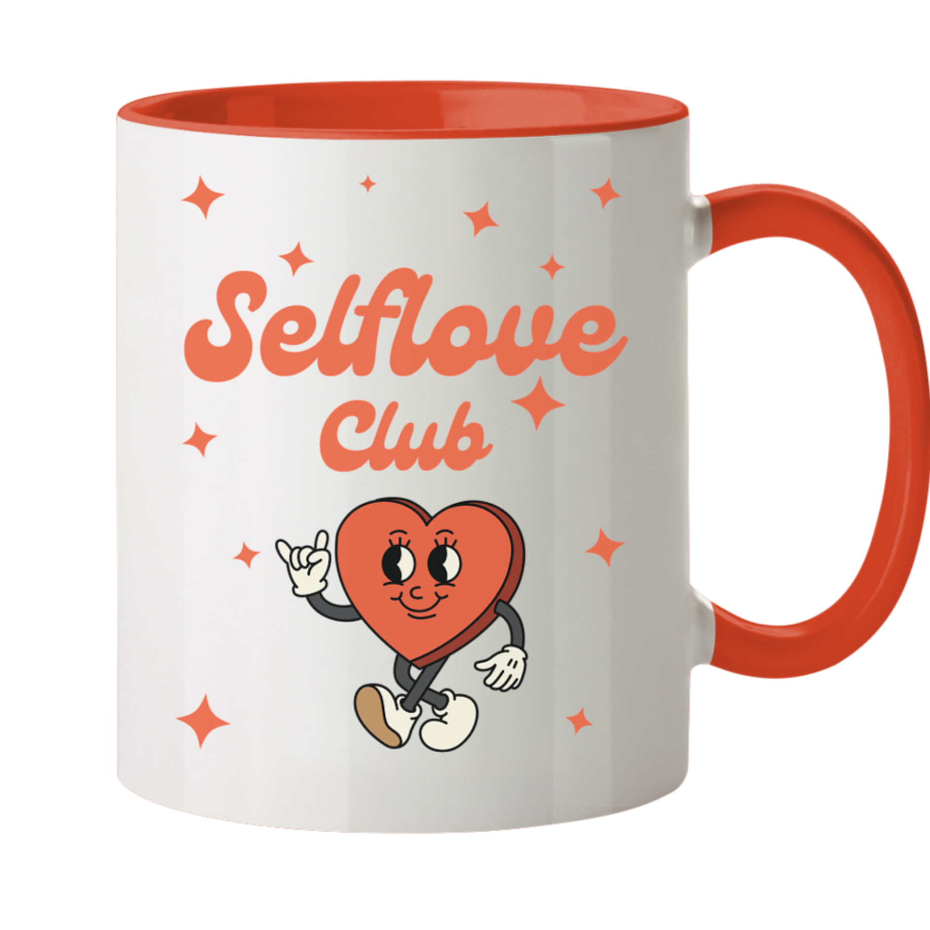 Weiße Tasse, Innenseite sowie Henkel Orange. Motiv: fröhliches rotes Comic Herz. Dazu der Schriftzug: Selflove Club